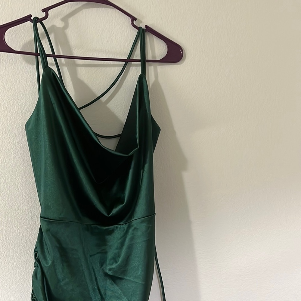 dark green cinched formal dress